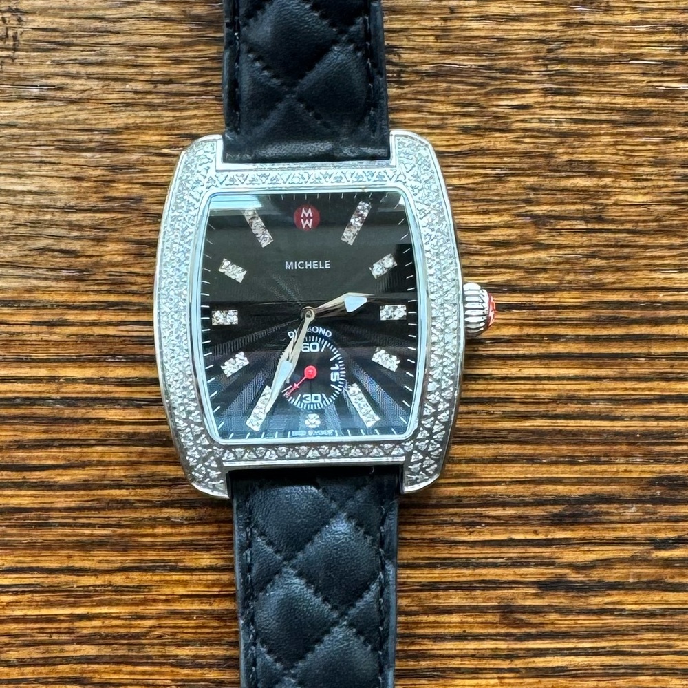 Michele Black Dial Diamond Accent Quilted Leather Strap Watch